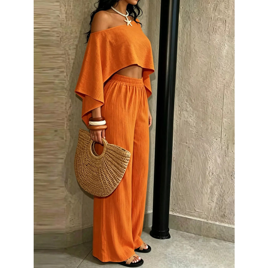 Boat Neck Crop Top and Wide-Leg Pants Set Apparel Accessories