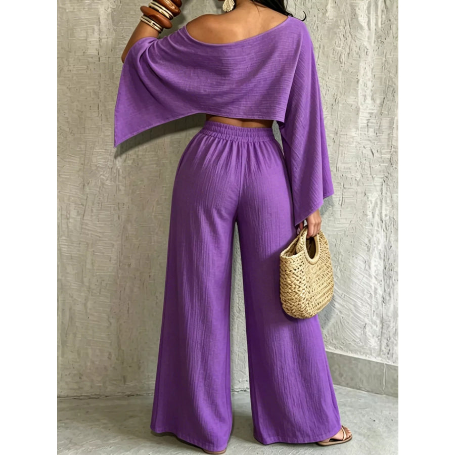 Boat Neck Crop Top and Wide-Leg Pants Set Apparel Accessories