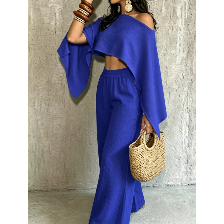 Boat Neck Crop Top and Wide-Leg Pants Set Apparel Accessories
