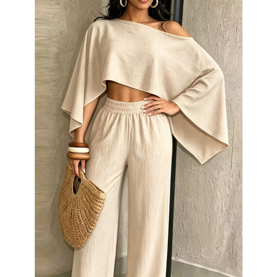 Boat Neck Crop Top and Wide-Leg Pants Set Apparel Accessories