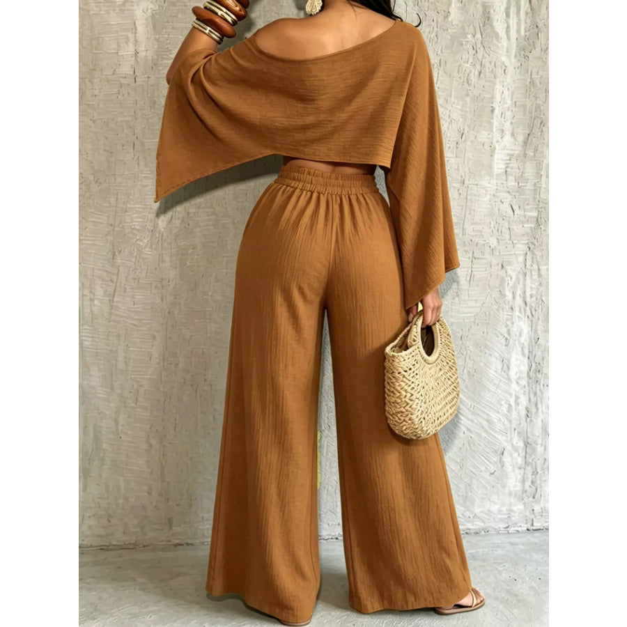 Boat Neck Crop Top and Wide-Leg Pants Set Apparel Accessories