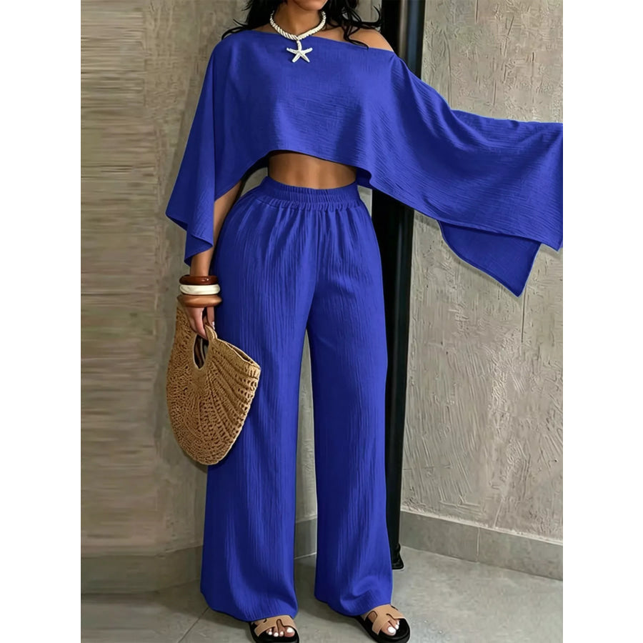 Boat Neck Crop Top and Wide-Leg Pants Set Apparel Accessories