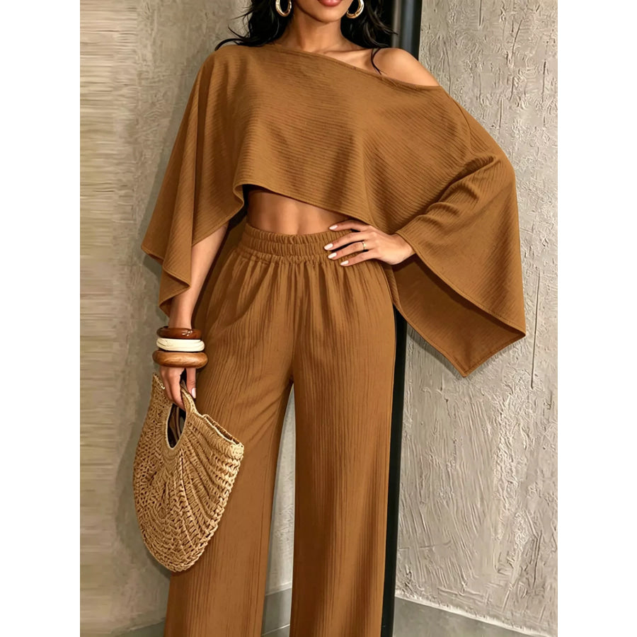 Boat Neck Crop Top and Wide-Leg Pants Set Apparel Accessories