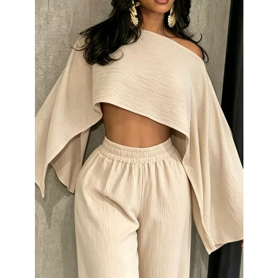 Boat Neck Crop Top and Wide-Leg Pants Set Apparel Accessories