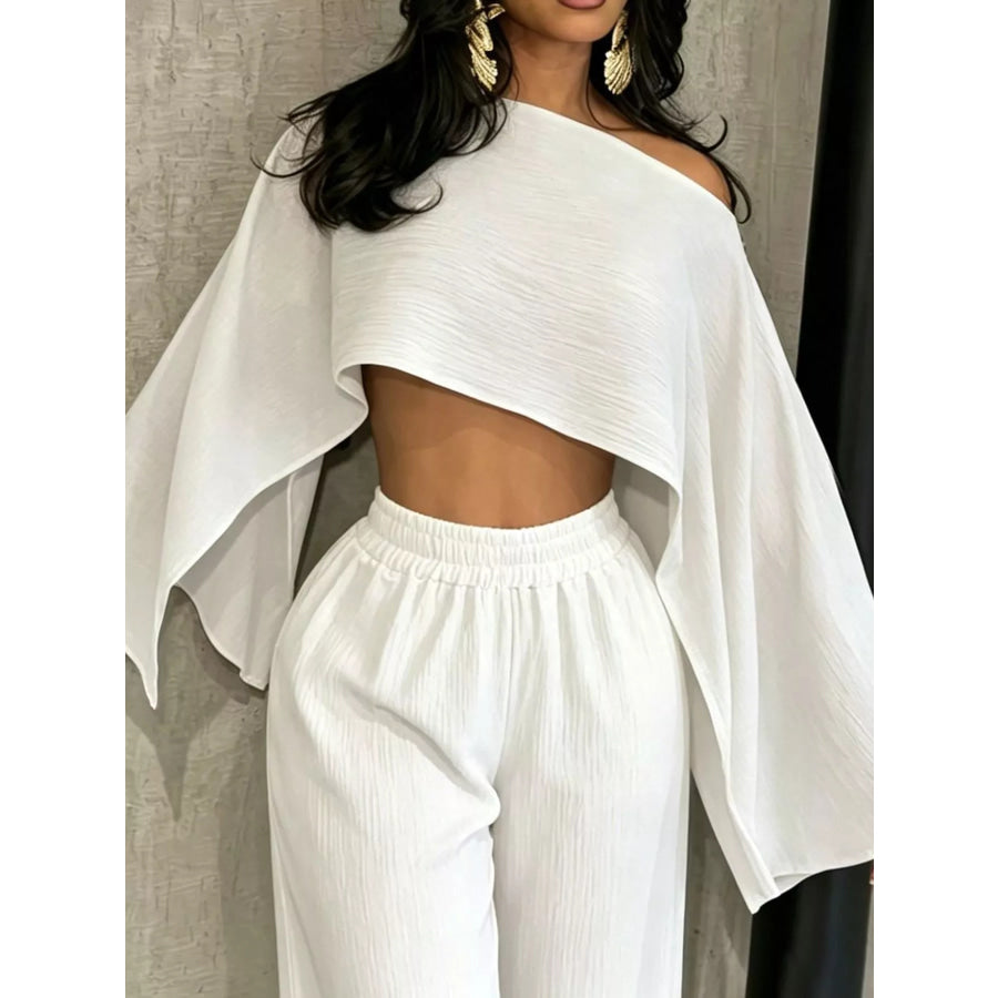 Boat Neck Crop Top and Wide-Leg Pants Set Apparel Accessories