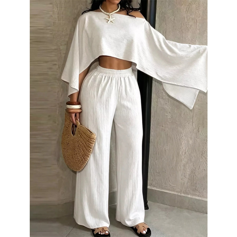Boat Neck Crop Top and Wide-Leg Pants Set Apparel Accessories