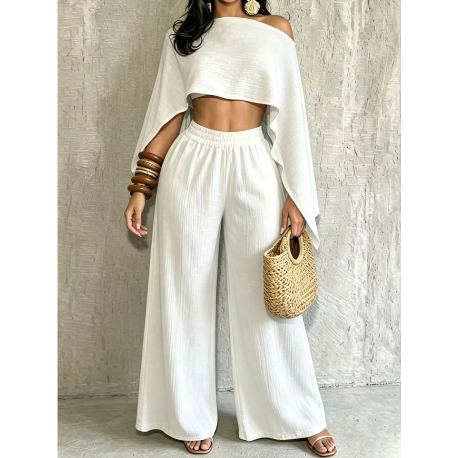 Boat Neck Crop Top and Wide-Leg Pants Set Apparel Accessories