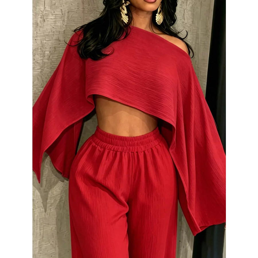 Boat Neck Crop Top and Wide-Leg Pants Set Apparel Accessories