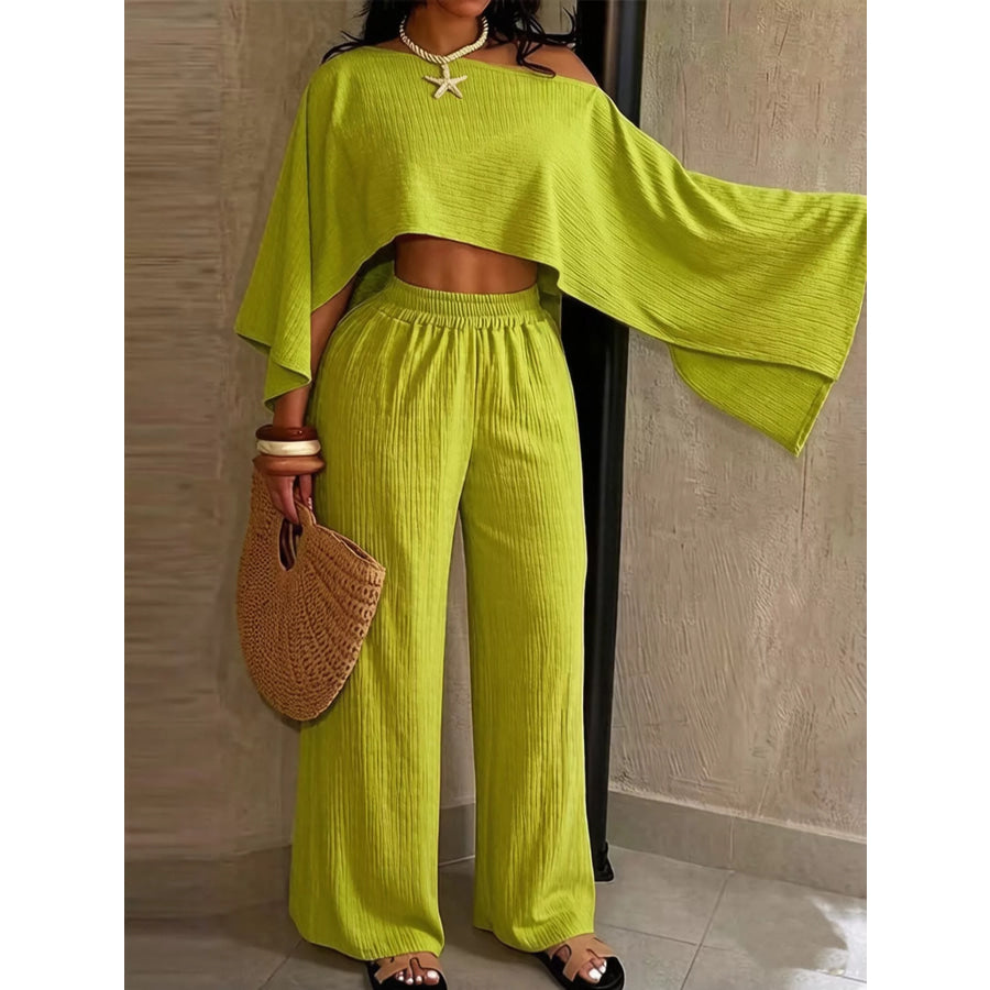 Boat Neck Crop Top and Wide-Leg Pants Set Apparel Accessories