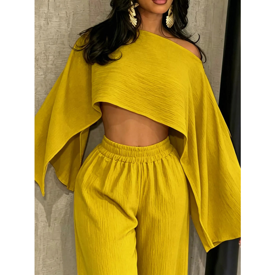Boat Neck Crop Top and Wide-Leg Pants Set Apparel Accessories