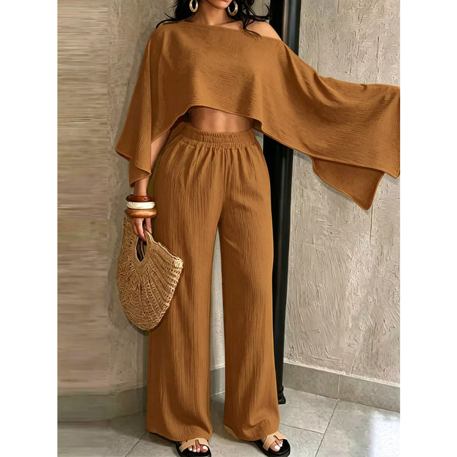 Boat Neck Crop Top and Wide-Leg Pants Set Apparel Accessories