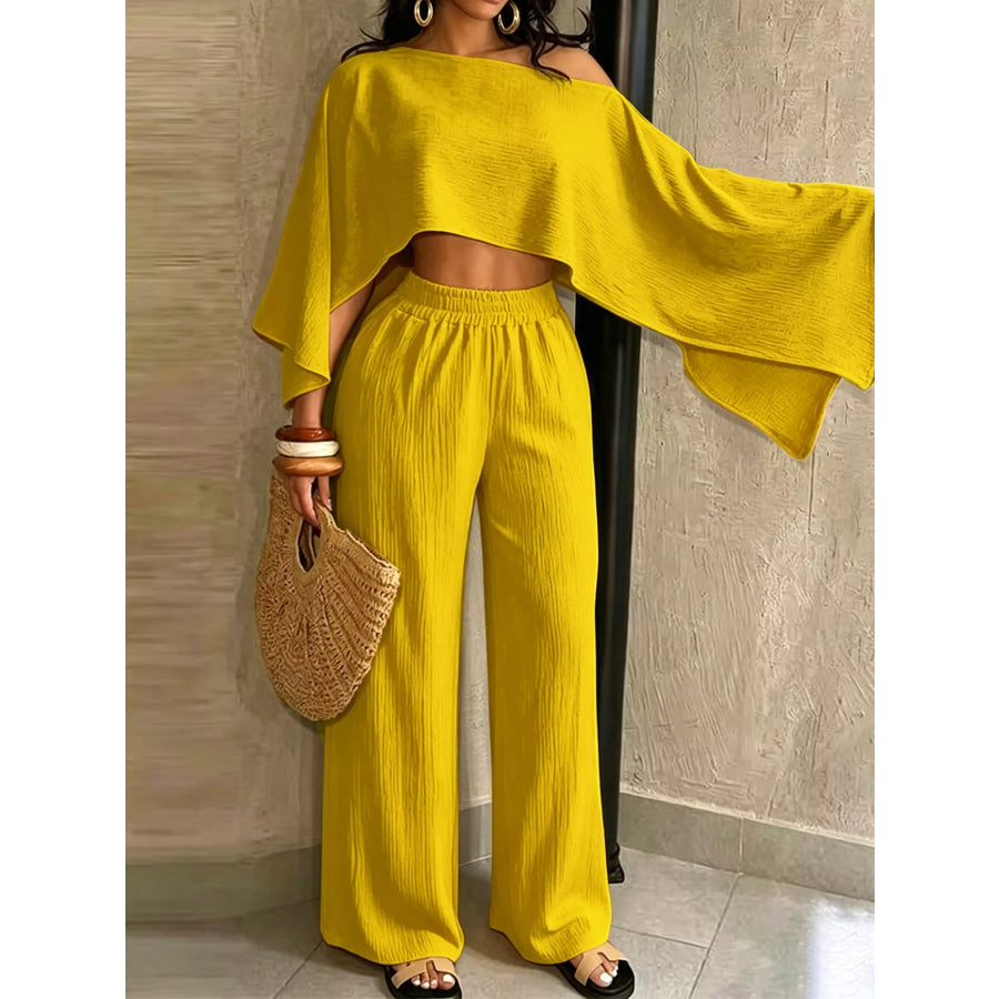 Boat Neck Crop Top and Wide-Leg Pants Set Apparel Accessories