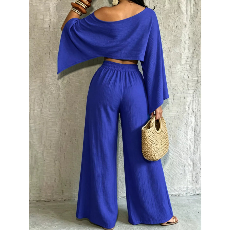 Boat Neck Crop Top and Wide-Leg Pants Set Apparel Accessories