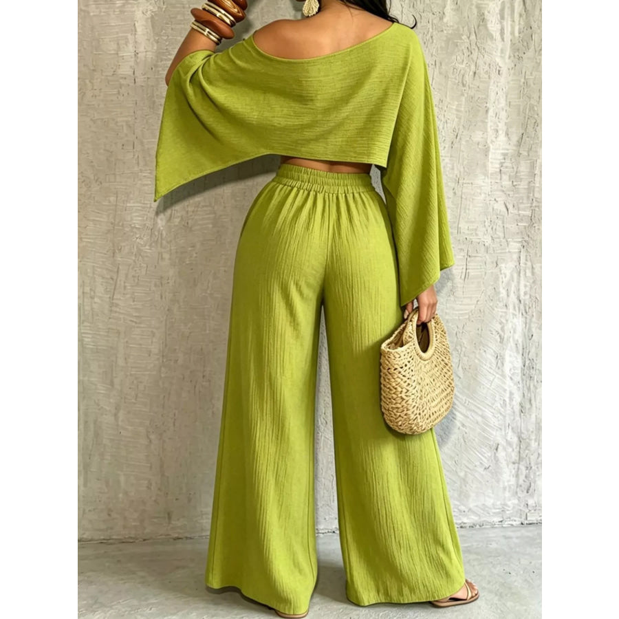 Boat Neck Crop Top and Wide-Leg Pants Set Apparel Accessories