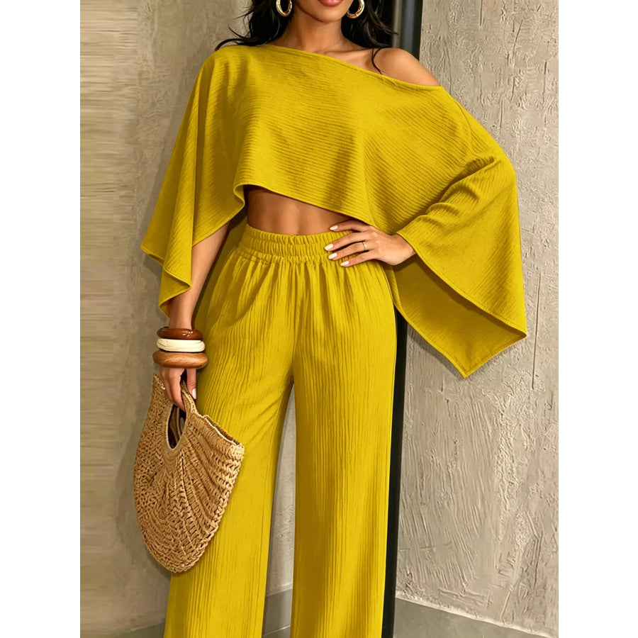 Boat Neck Crop Top and Wide-Leg Pants Set Apparel Accessories