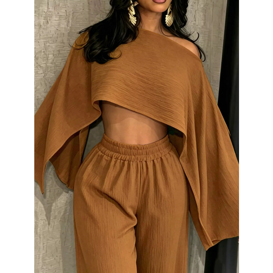 Boat Neck Crop Top and Wide-Leg Pants Set Apparel Accessories