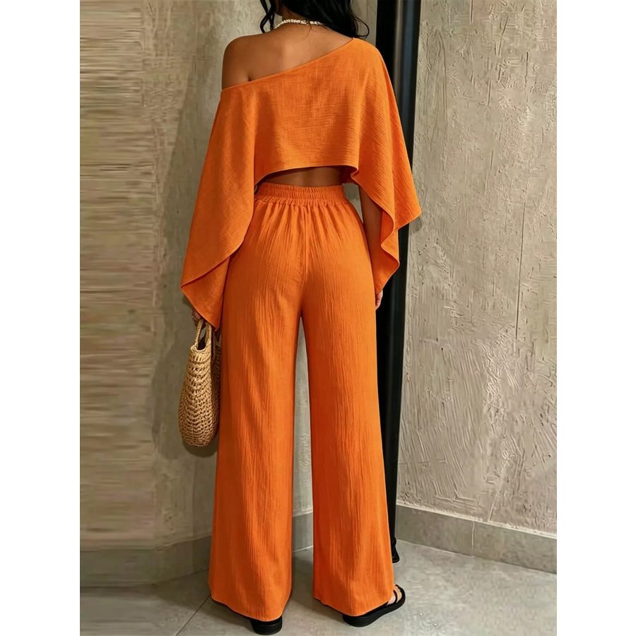 Boat Neck Crop Top and Wide-Leg Pants Set Apparel Accessories