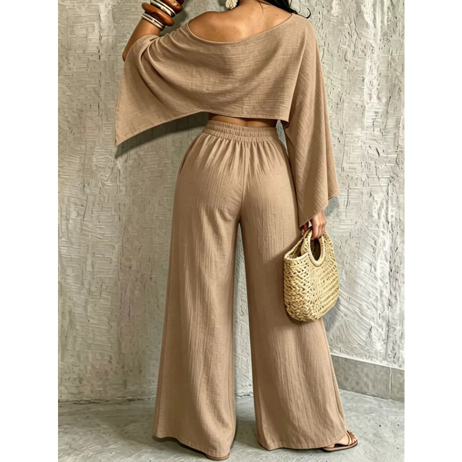 Boat Neck Crop Top and Wide-Leg Pants Set Apparel Accessories