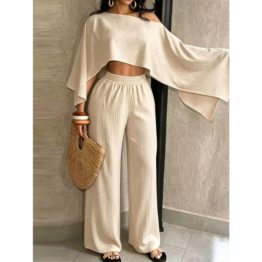 Boat Neck Crop Top and Wide-Leg Pants Set Apparel Accessories