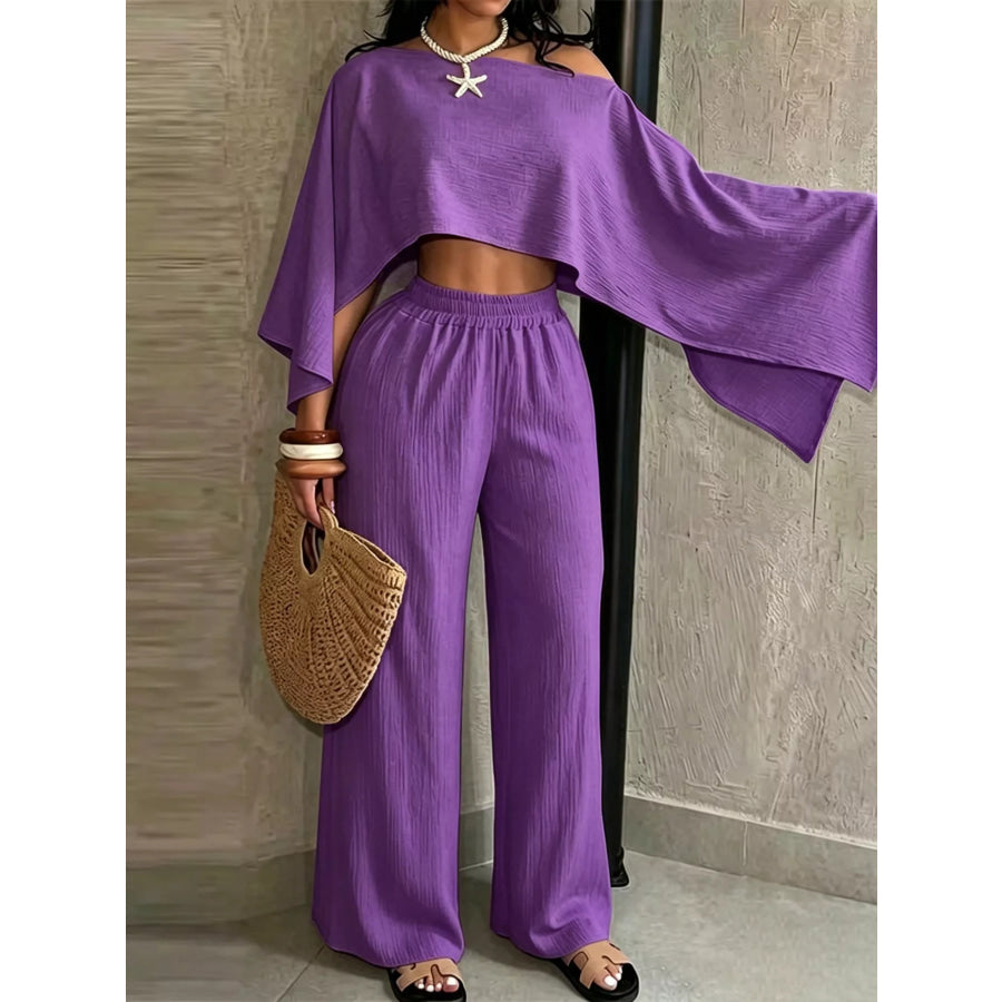 Boat Neck Crop Top and Wide-Leg Pants Set Apparel Accessories