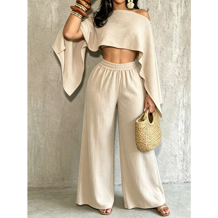 Boat Neck Crop Top and Wide-Leg Pants Set Apricot / S Apparel Accessories
