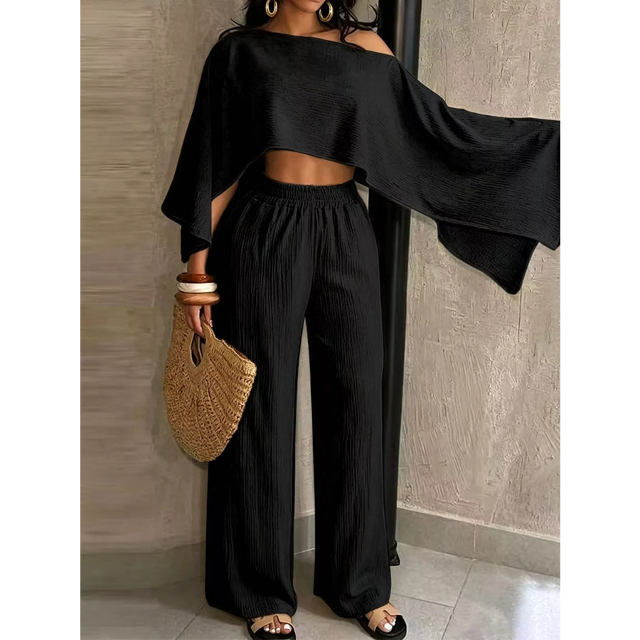 Boat Neck Crop Top and Wide-Leg Pants Set Black / S Apparel Accessories