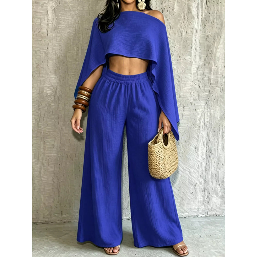 Boat Neck Crop Top and Wide-Leg Pants Set Blue / S Apparel Accessories