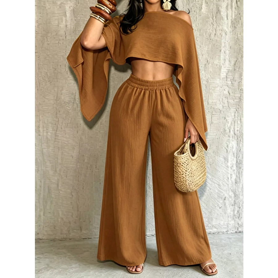Boat Neck Crop Top and Wide-Leg Pants Set Brown / S Apparel Accessories
