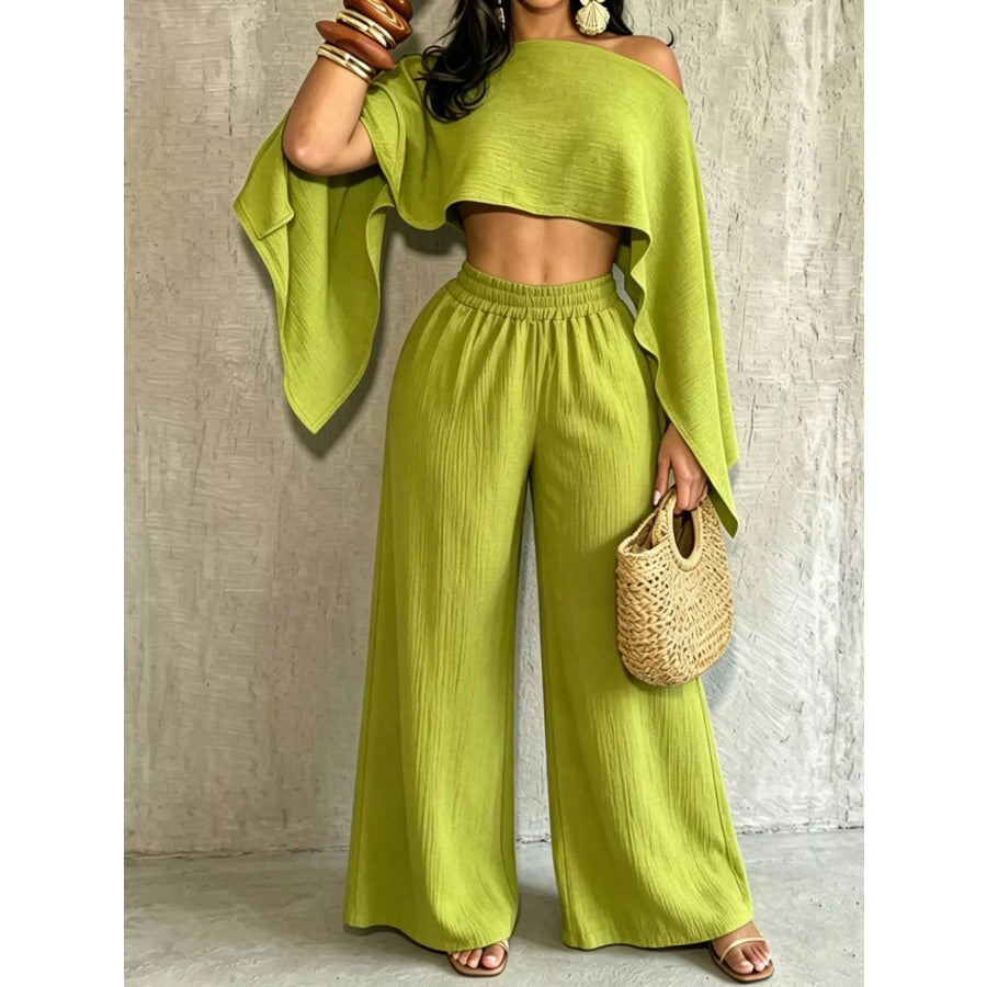 Boat Neck Crop Top and Wide-Leg Pants Set Green / S Apparel Accessories