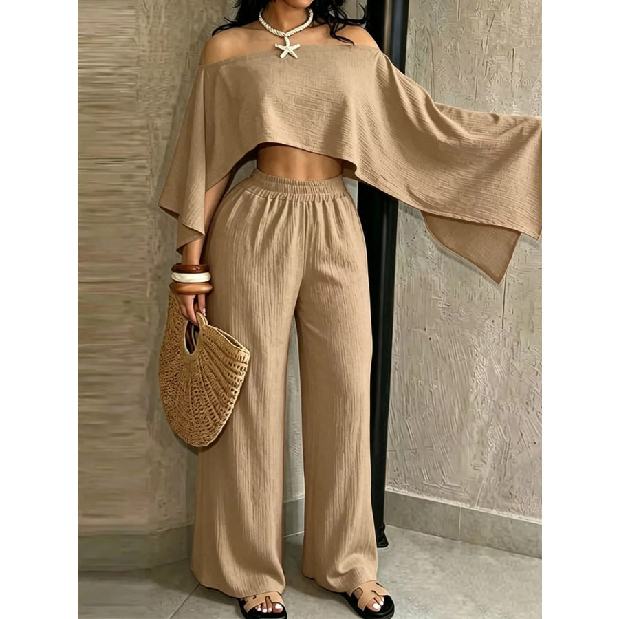 Boat Neck Crop Top and Wide-Leg Pants Set Khaki / S Apparel Accessories