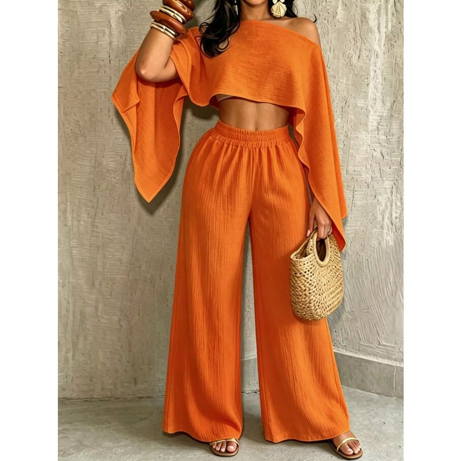Boat Neck Crop Top and Wide-Leg Pants Set Orange / S Apparel Accessories