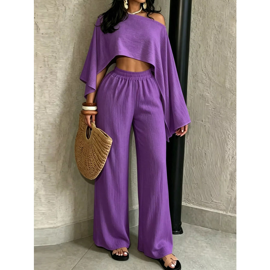 Boat Neck Crop Top and Wide-Leg Pants Set Purple / S Apparel Accessories