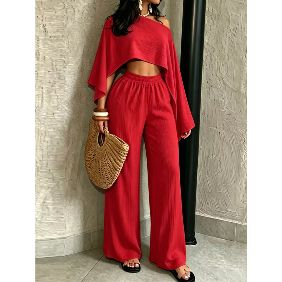 Boat Neck Crop Top and Wide-Leg Pants Set Red / S Apparel Accessories