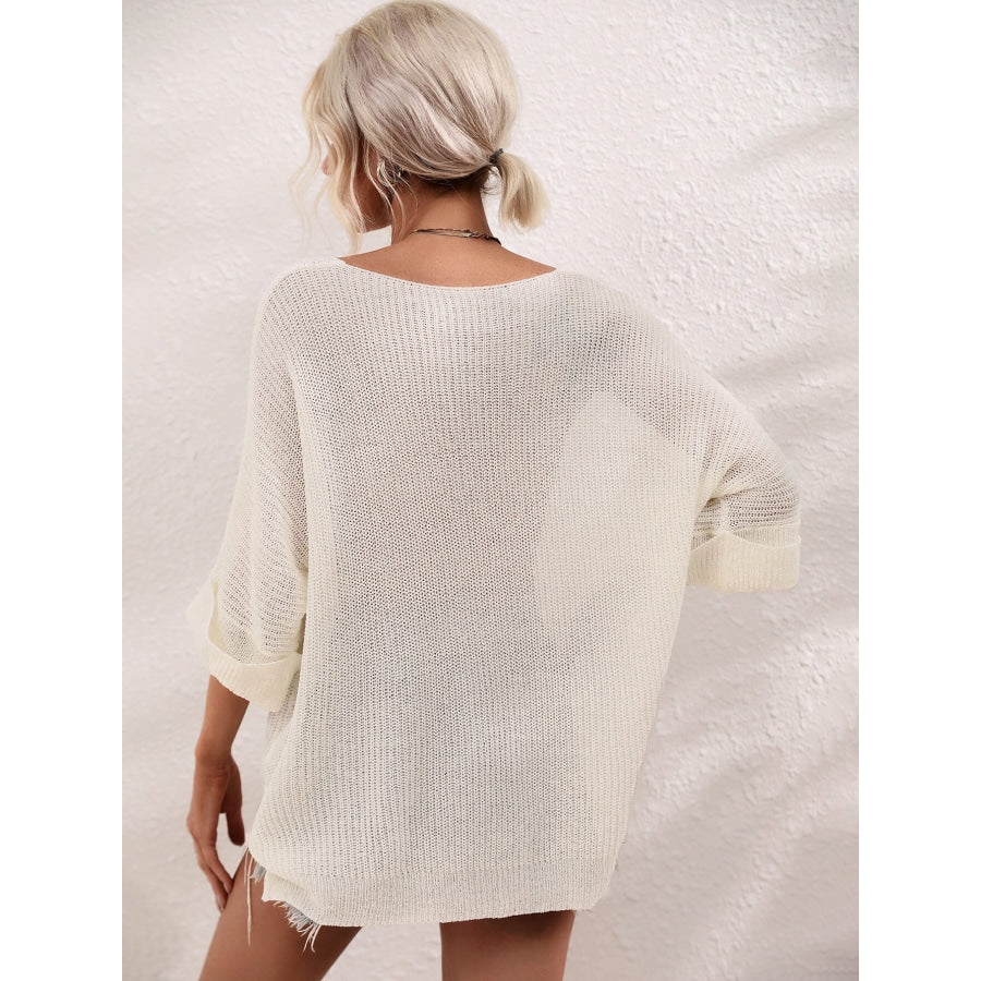 Boat Neck Cuffed Sleeve Slit Tunic Knit Top