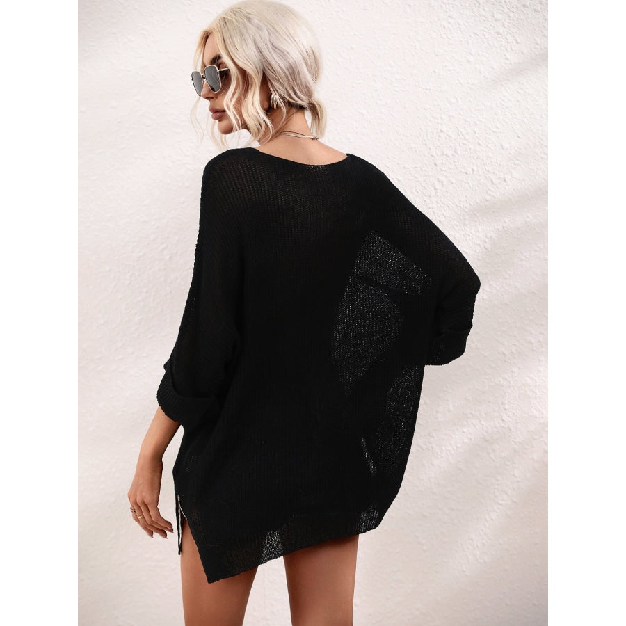 Boat Neck Cuffed Sleeve Slit Tunic Knit Top