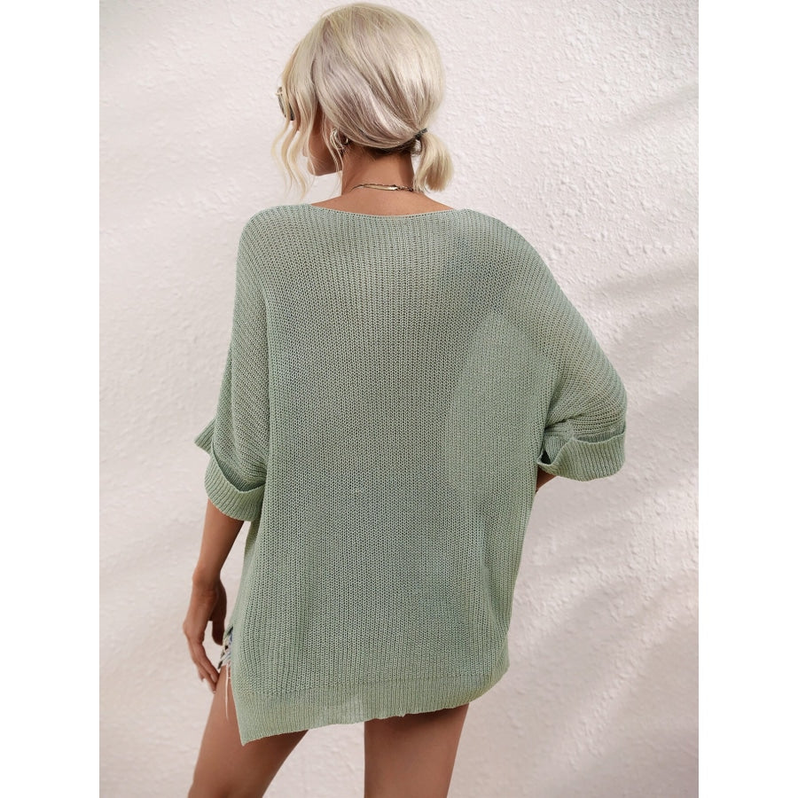 Boat Neck Cuffed Sleeve Slit Tunic Knit Top Sage / S