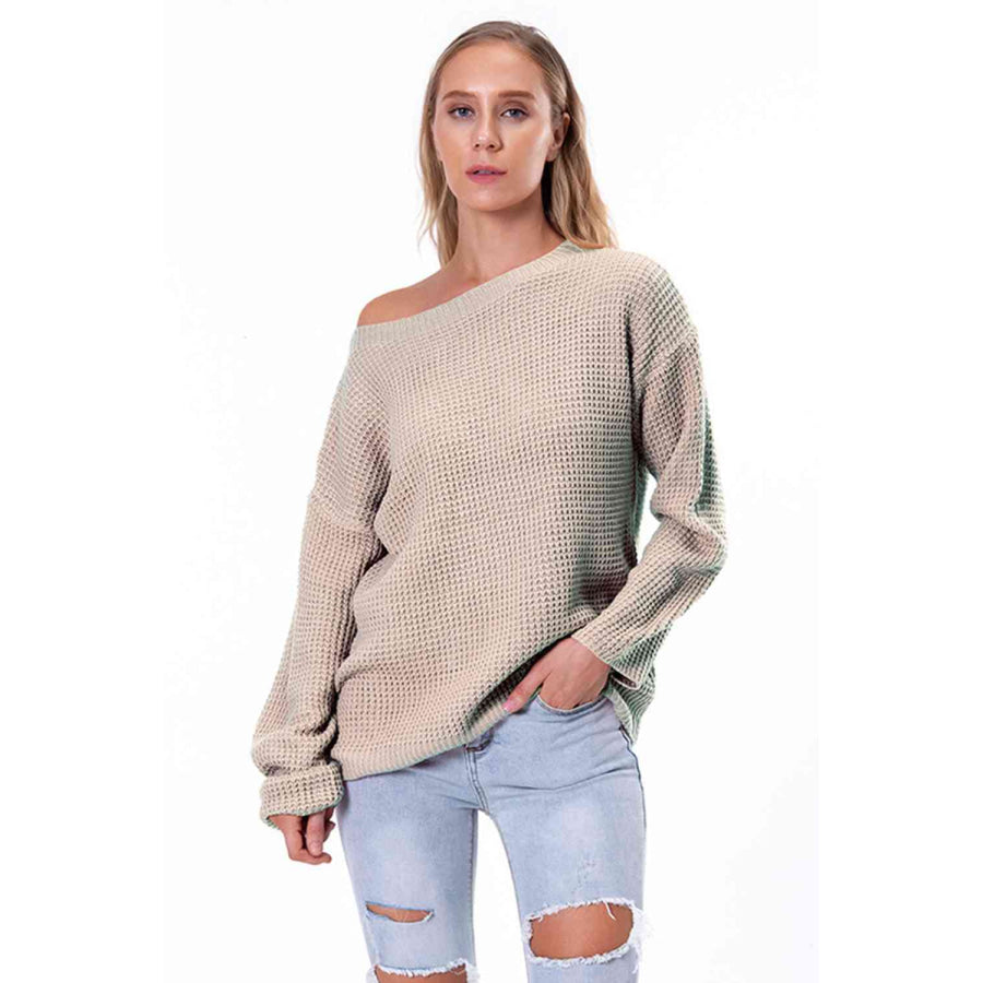 Boat Neck Drop Shoulder Long Sleeve Sweater Beige / S