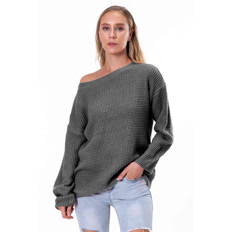 Boat Neck Drop Shoulder Long Sleeve Sweater Charcoal / S