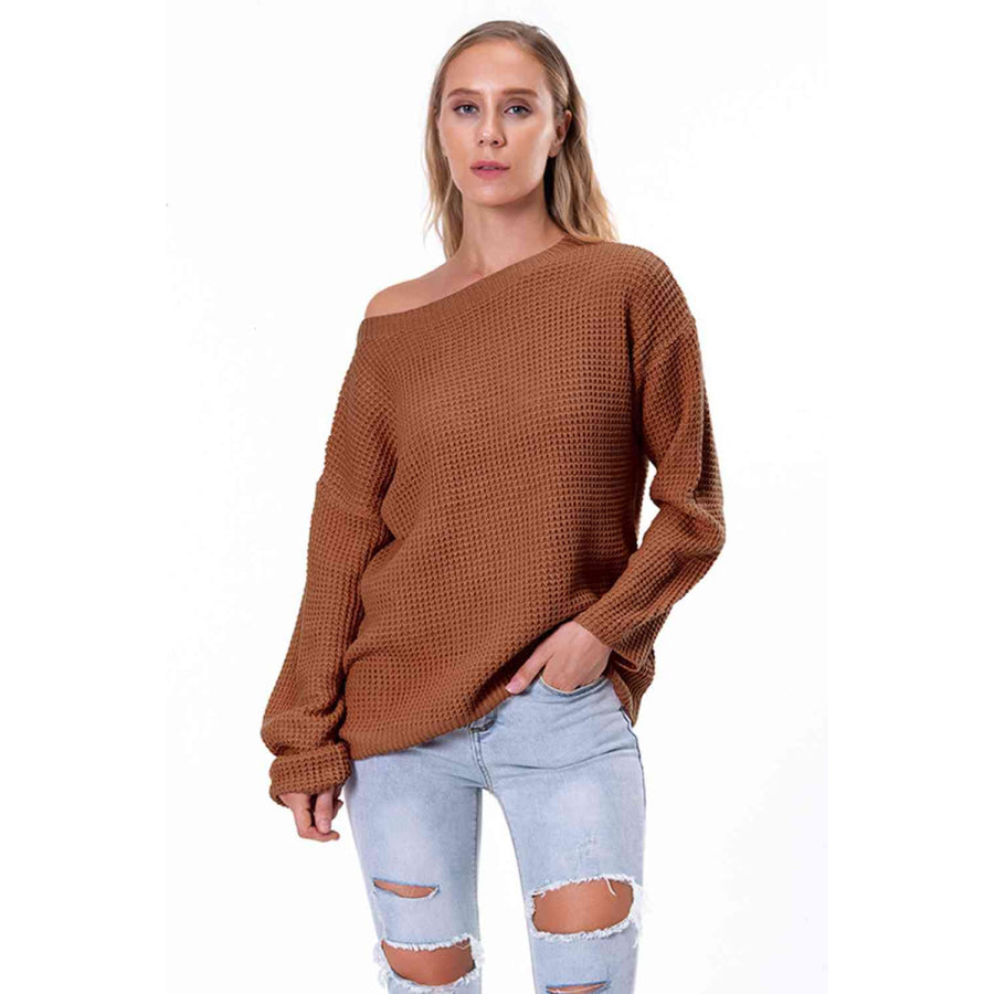 Boat Neck Drop Shoulder Long Sleeve Sweater Chestnut / S