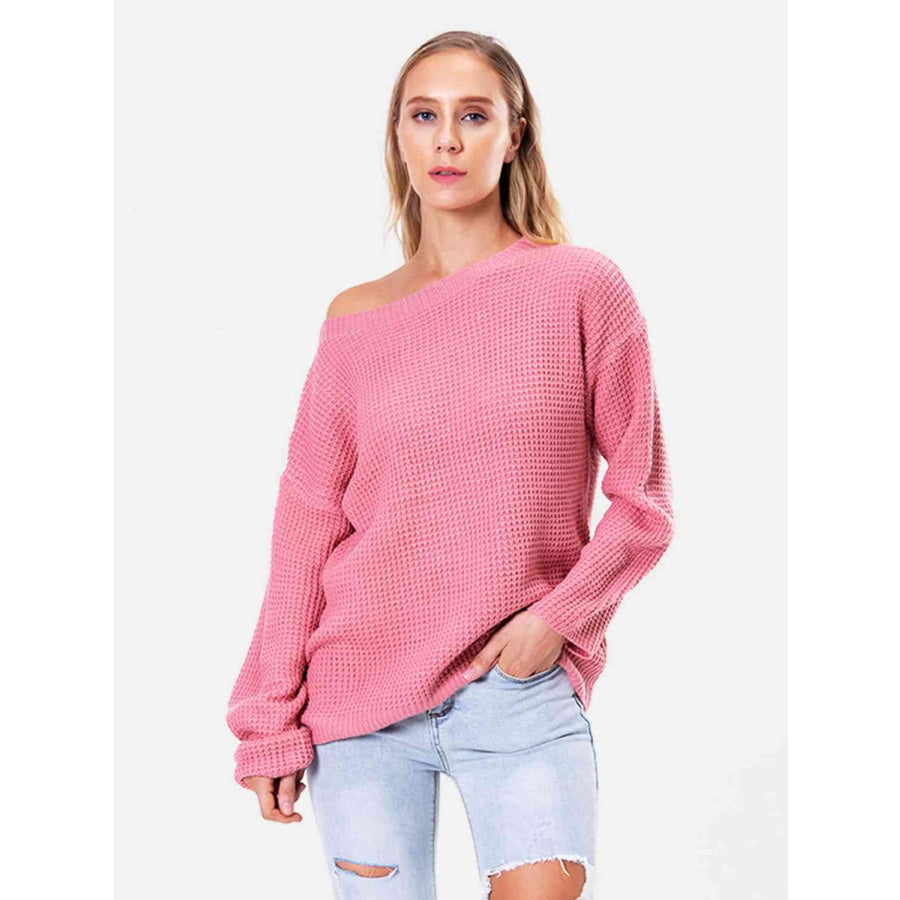 Boat Neck Drop Shoulder Long Sleeve Sweater Hot Pink / S