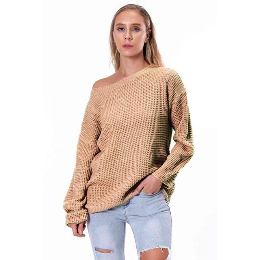 Boat Neck Drop Shoulder Long Sleeve Sweater Tan / S