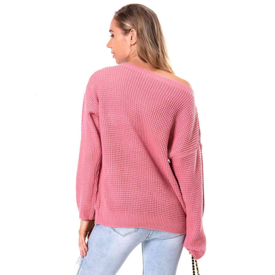 Boat Neck Drop Shoulder Long Sleeve Sweater Hot Pink / S