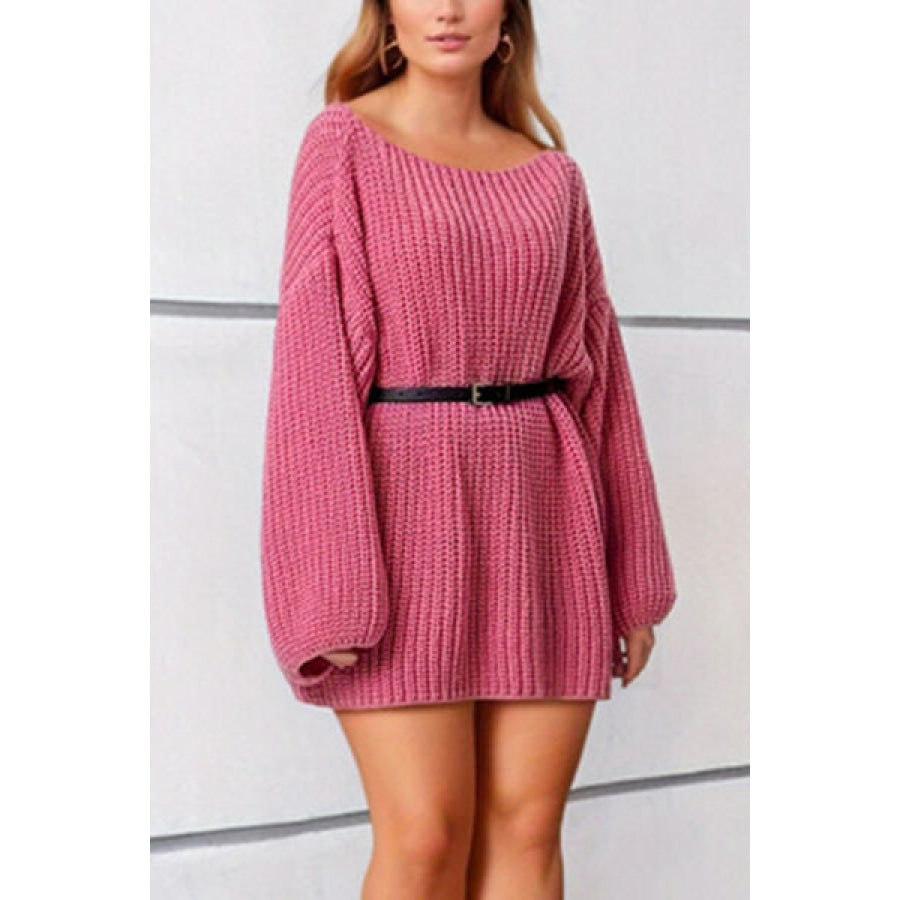 Boat Neck Dropped Shoulder Mini Sweater Dress Carnation Pink / One Size Clothing