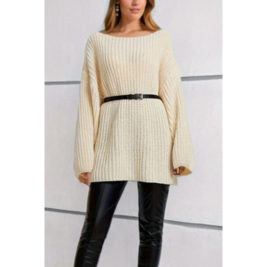 Boat Neck Dropped Shoulder Mini Sweater Dress Clothing