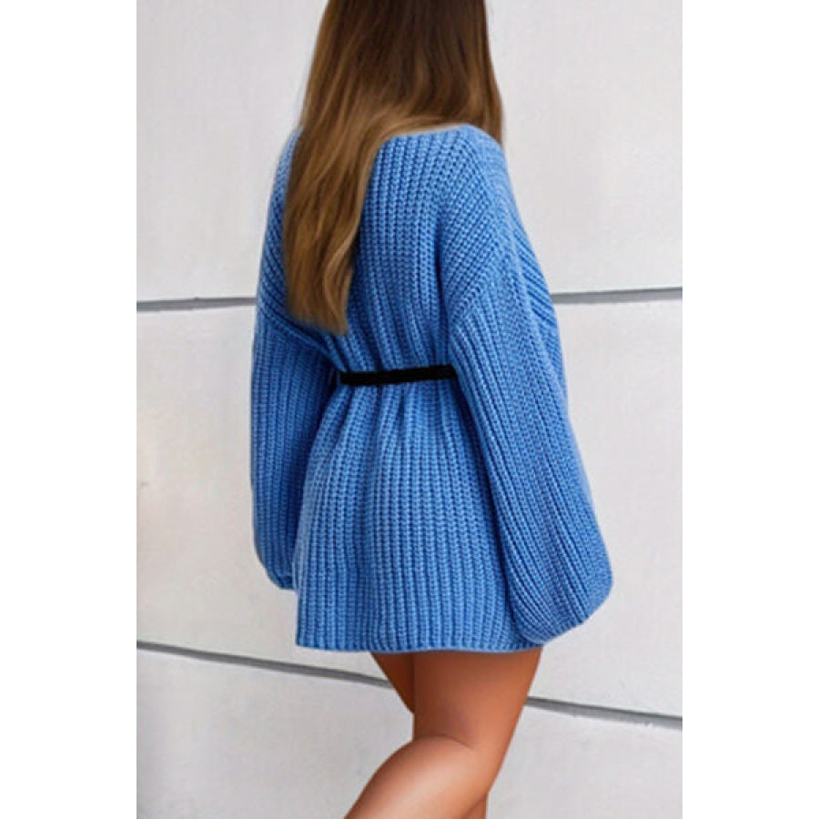 Boat Neck Dropped Shoulder Mini Sweater Dress Sky Blue / One Size Clothing