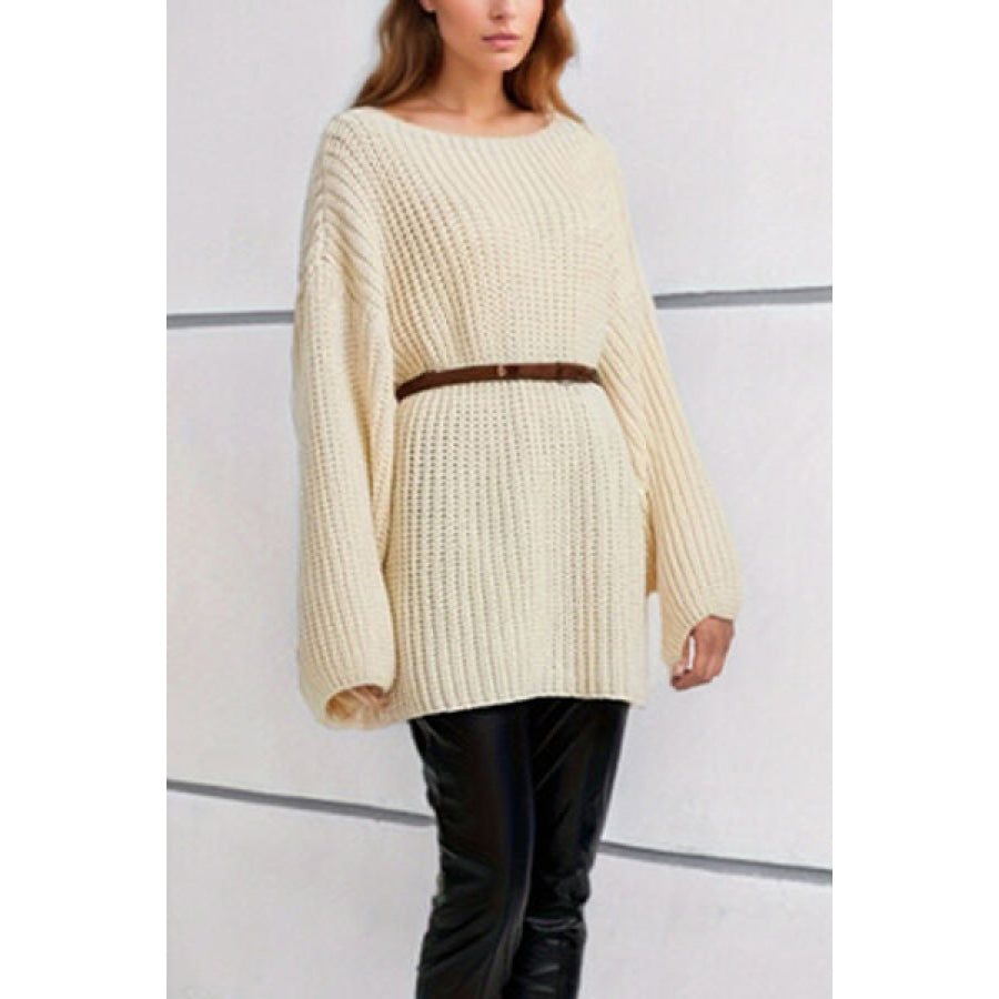 Boat Neck Dropped Shoulder Mini Sweater Dress Clothing