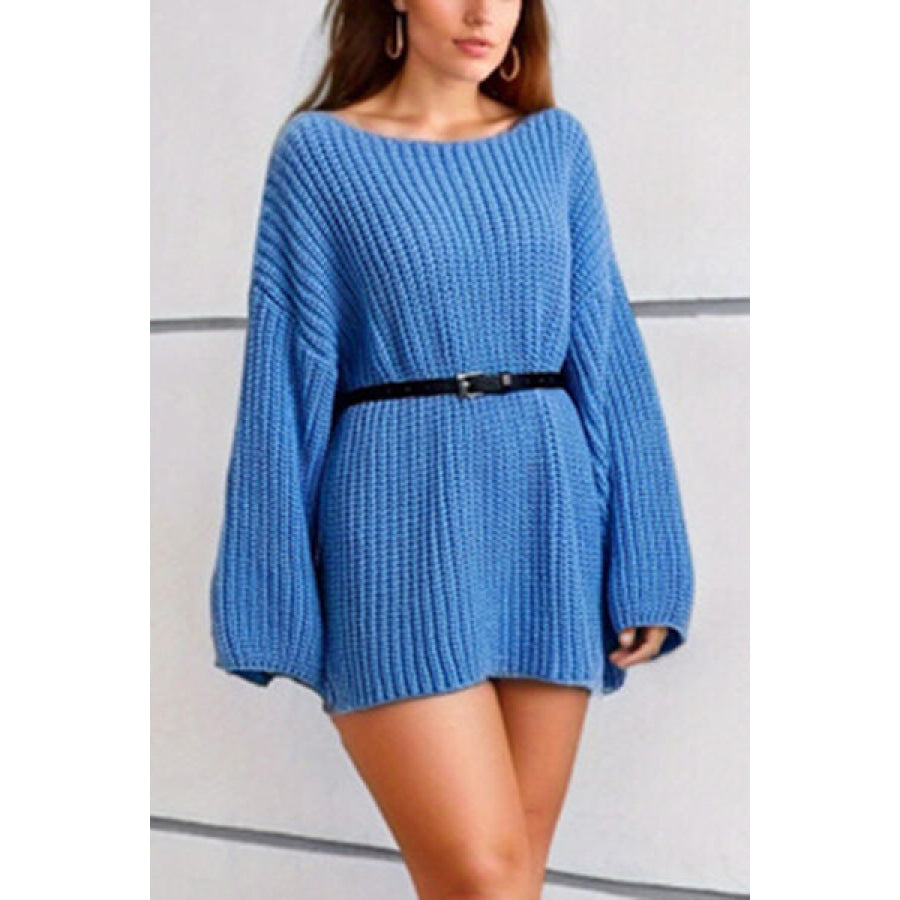 Boat Neck Dropped Shoulder Mini Sweater Dress Clothing