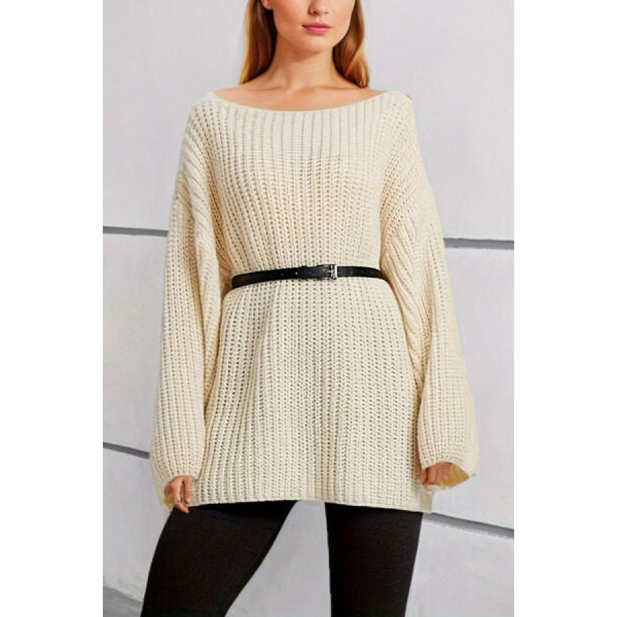 Boat Neck Dropped Shoulder Mini Sweater Dress Cream / One Size Clothing