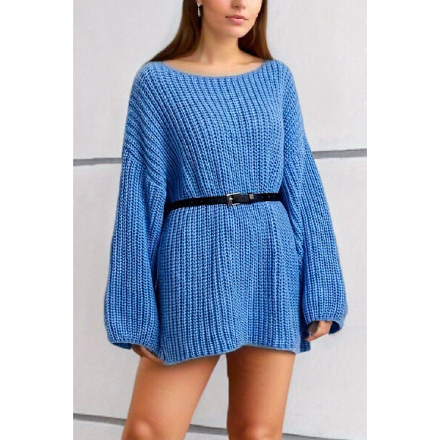 Boat Neck Dropped Shoulder Mini Sweater Dress Sky Blue / One Size Clothing