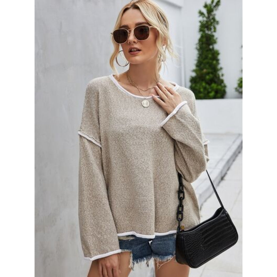 Boat Neck Dropped Shoulder Sweater Beige / S Apparel and Accessories